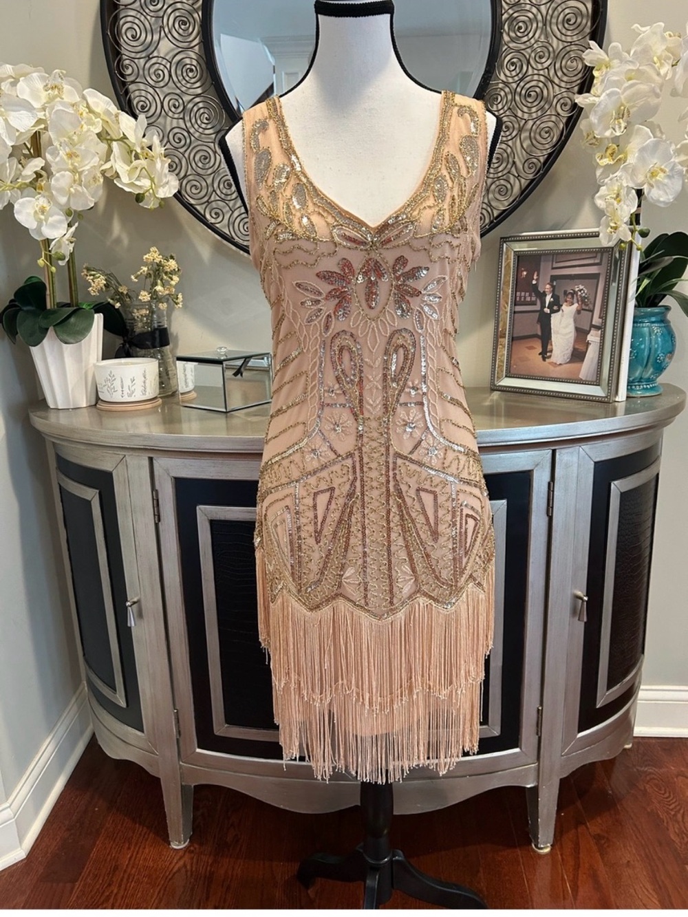 Vintage-Inspired Beaded Fringe Mini Dress in Blush Pink - Picture 3 of 14